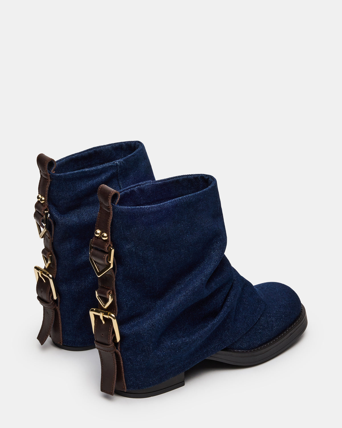 BENJI Denim Fabric Cuffed Fold-Over Moto Buckle Women's Ankle Boot | Steve Madden Deals