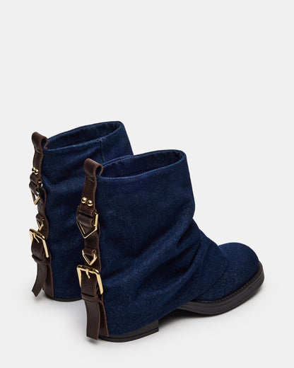 BENJI Denim Fabric Cuffed Fold-Over Moto Buckle Women's Ankle Boot | Steve Madden Deals