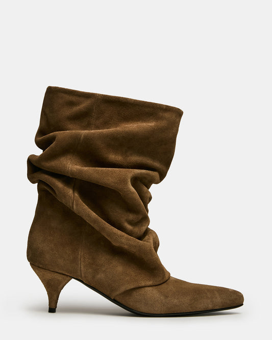 LEXEN Taupe Suede Pointed-Toe Fold-Over Scrunched Women's Ankle Boot | Steve Madden Exclusive
