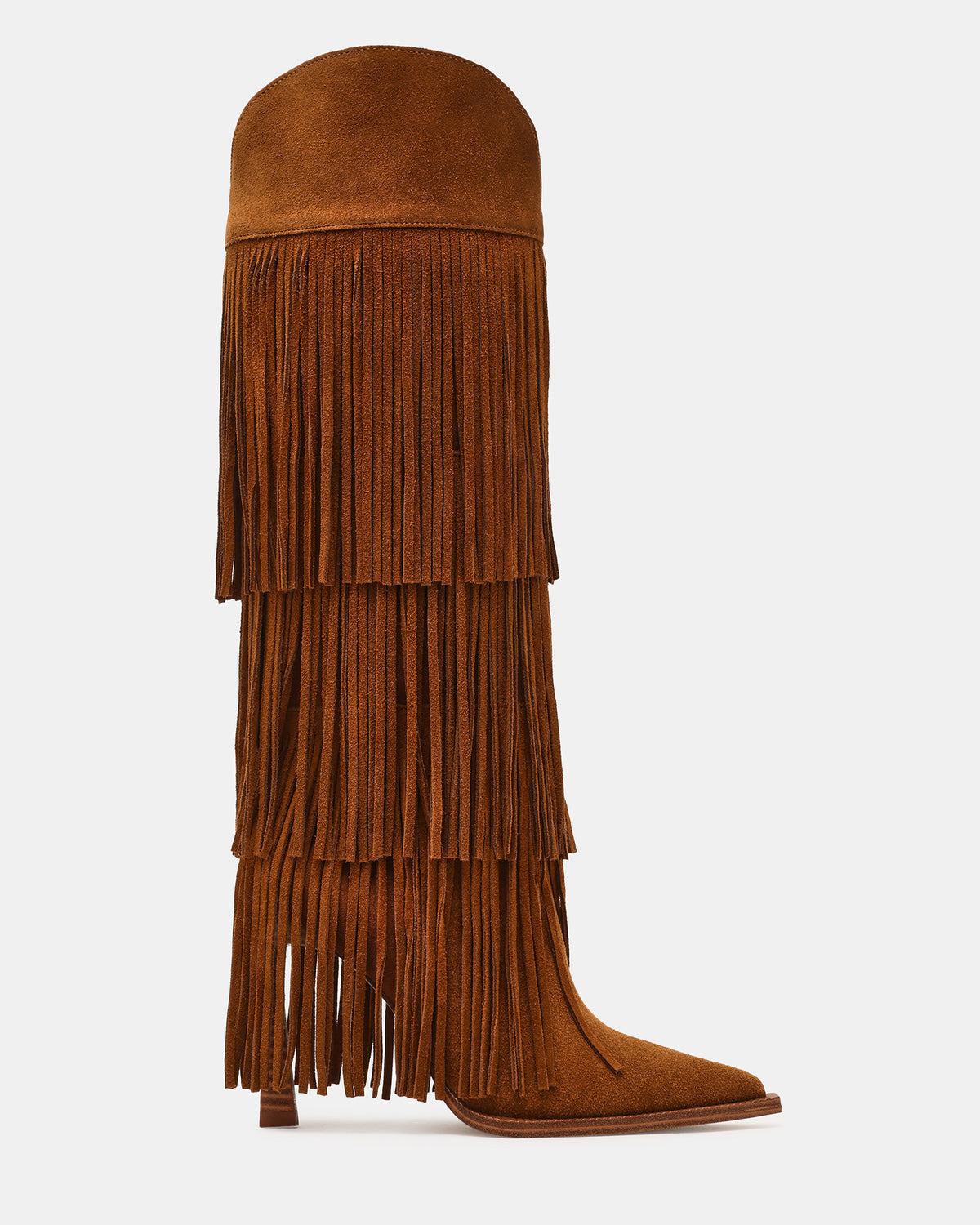 KINZEE Fringe Chestnut Suede Pointed-Toe Knee-High Western Stiletto Women's Boot | Steve Madden Recommended