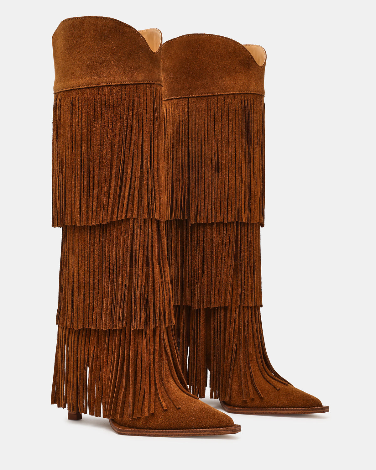 KINZEE Fringe Chestnut Suede Pointed-Toe Knee-High Western Stiletto Women's Boot | Steve Madden Recommended