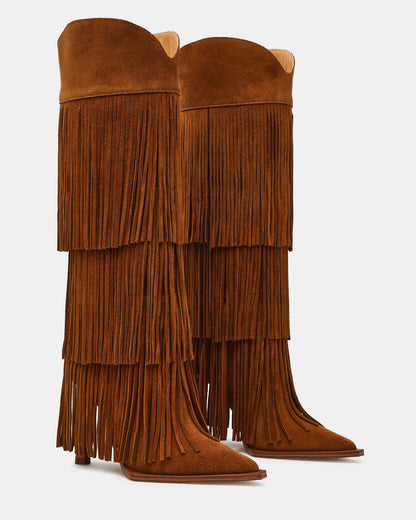 KINZEE Fringe Chestnut Suede Pointed-Toe Knee-High Western Stiletto Women's Boot | Steve Madden Recommended