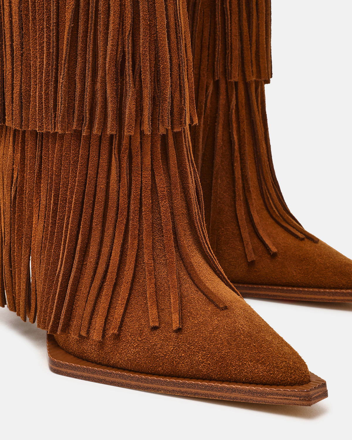 KINZEE Fringe Chestnut Suede Pointed-Toe Knee-High Western Stiletto Women's Boot | Steve Madden Recommended