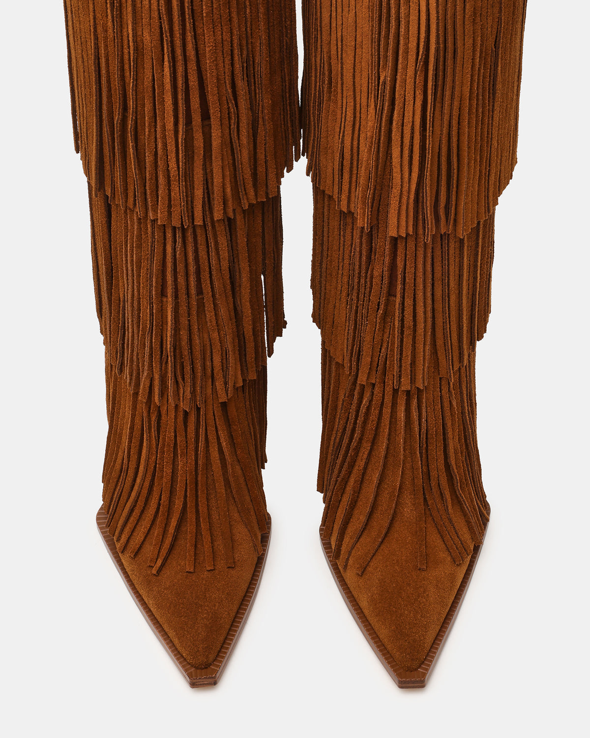 KINZEE Fringe Chestnut Suede Pointed-Toe Knee-High Western Stiletto Women's Boot | Steve Madden Recommended