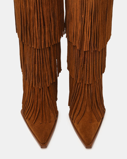 KINZEE Fringe Chestnut Suede Pointed-Toe Knee-High Western Stiletto Women's Boot | Steve Madden Recommended