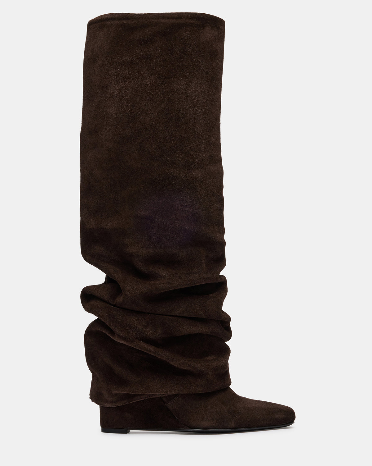 MONTANA Brown Suede Knee-High Square-Toe Wedge Fold-Over Women's Boot | Steve Madden Exclusive