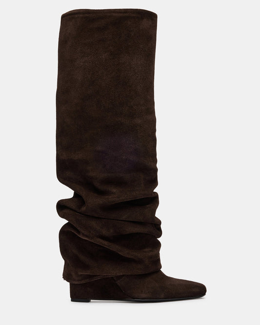 MONTANA Brown Suede Knee-High Square-Toe Wedge Fold-Over Women's Boot | Steve Madden Exclusive