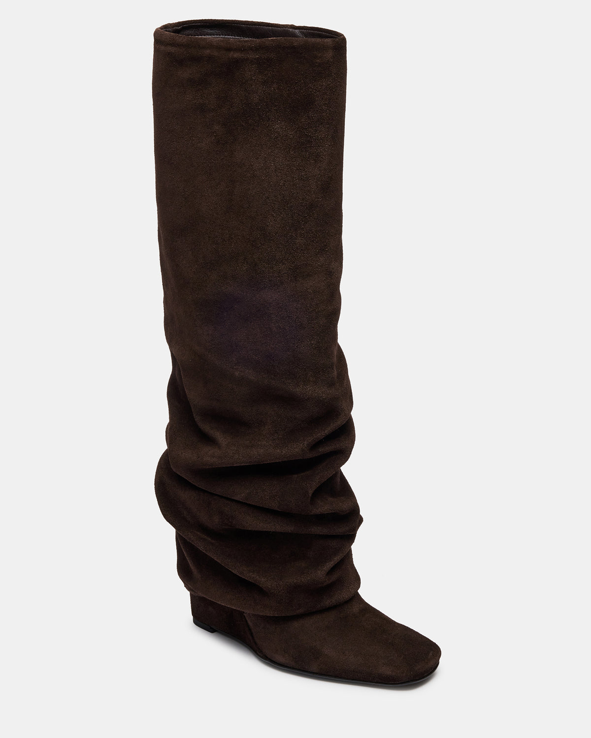 MONTANA Brown Suede Knee-High Square-Toe Wedge Fold-Over Women's Boot | Steve Madden Exclusive