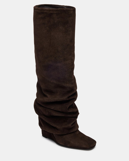 MONTANA Brown Suede Knee-High Square-Toe Wedge Fold-Over Women's Boot | Steve Madden Exclusive