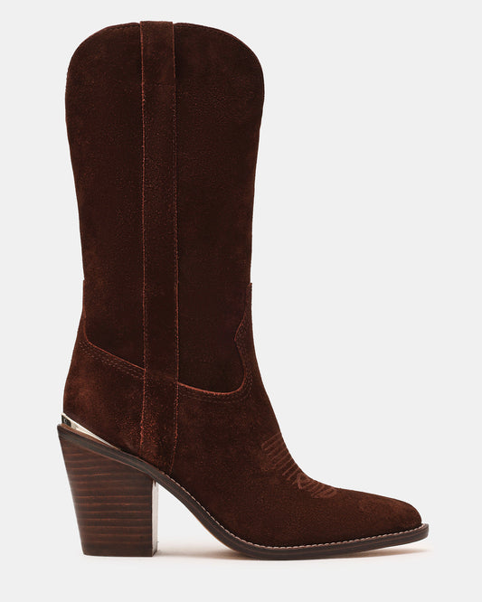 SALLY Brown Suede Pointed-Toe Western Block Heel Women's Boot | Steve Madden Exclusive