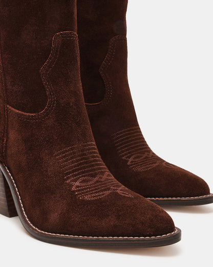 SALLY Brown Suede Pointed-Toe Western Block Heel Women's Boot | Steve Madden Exclusive