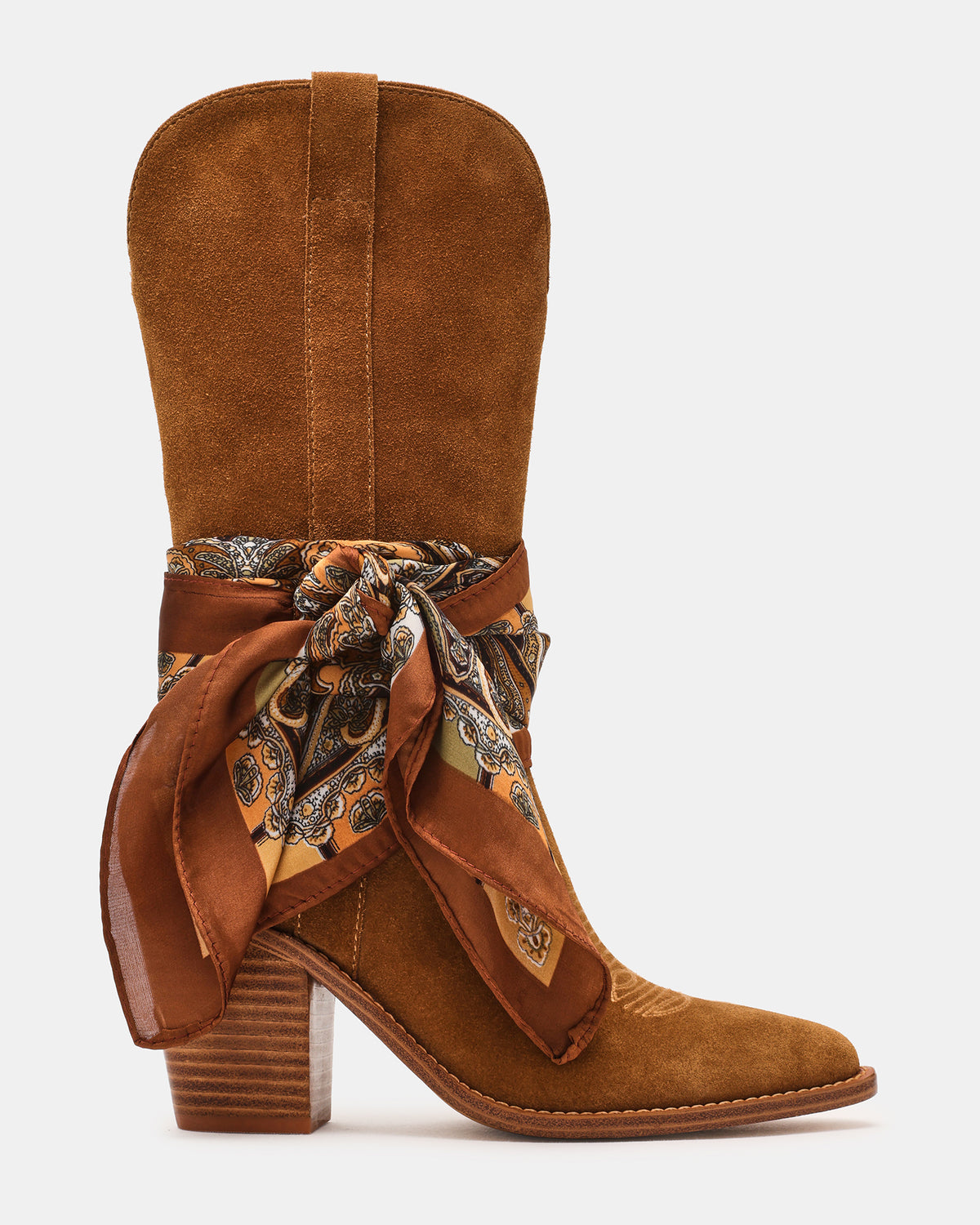 SALLY SCARF Chestnut Suede Pointed-Toe Western Block Heel Women's Boot | Steve Madden Signature