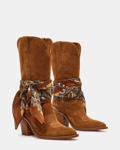 SALLY SCARF Chestnut Suede Pointed-Toe Western Block Heel Women's Boot | Steve Madden Signature