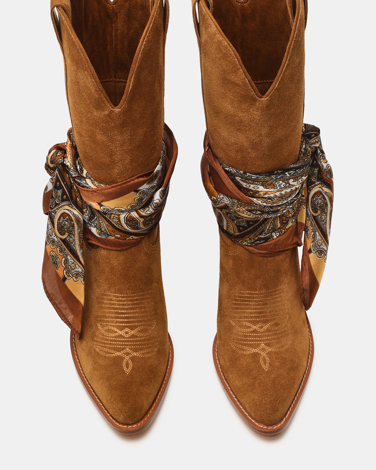 SALLY SCARF Chestnut Suede Pointed-Toe Western Block Heel Women's Boot | Steve Madden Signature