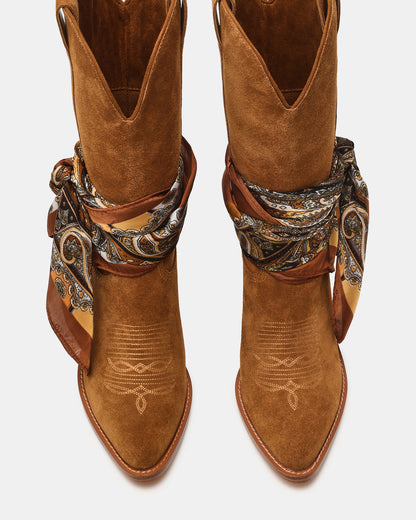 SALLY SCARF Chestnut Suede Pointed-Toe Western Block Heel Women's Boot | Steve Madden Signature