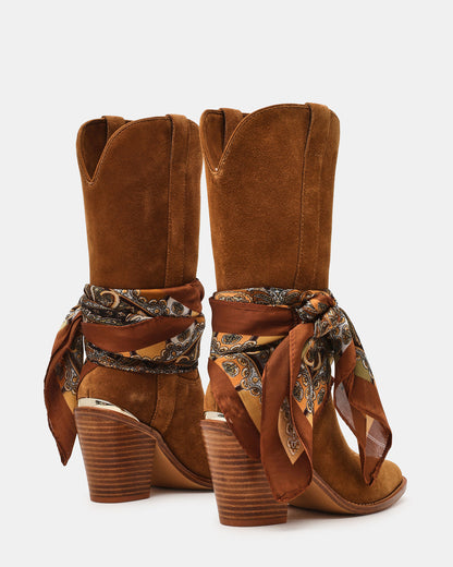 SALLY SCARF Chestnut Suede Pointed-Toe Western Block Heel Women's Boot | Steve Madden Signature