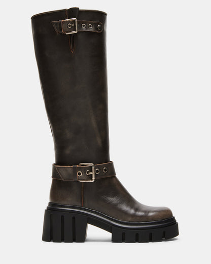 BRIGADE Brown Distressed Women's Knee-High Moto Lug Boot | Steve Madden Popular