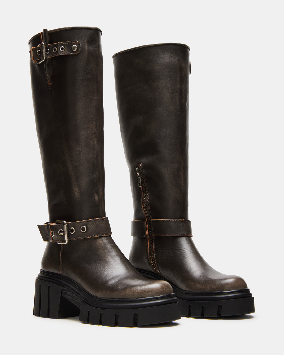 BRIGADE Brown Distressed Women's Knee-High Moto Lug Boot | Steve Madden Popular