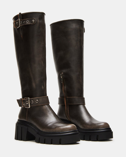 BRIGADE Brown Distressed Women's Knee-High Moto Lug Boot | Steve Madden Popular