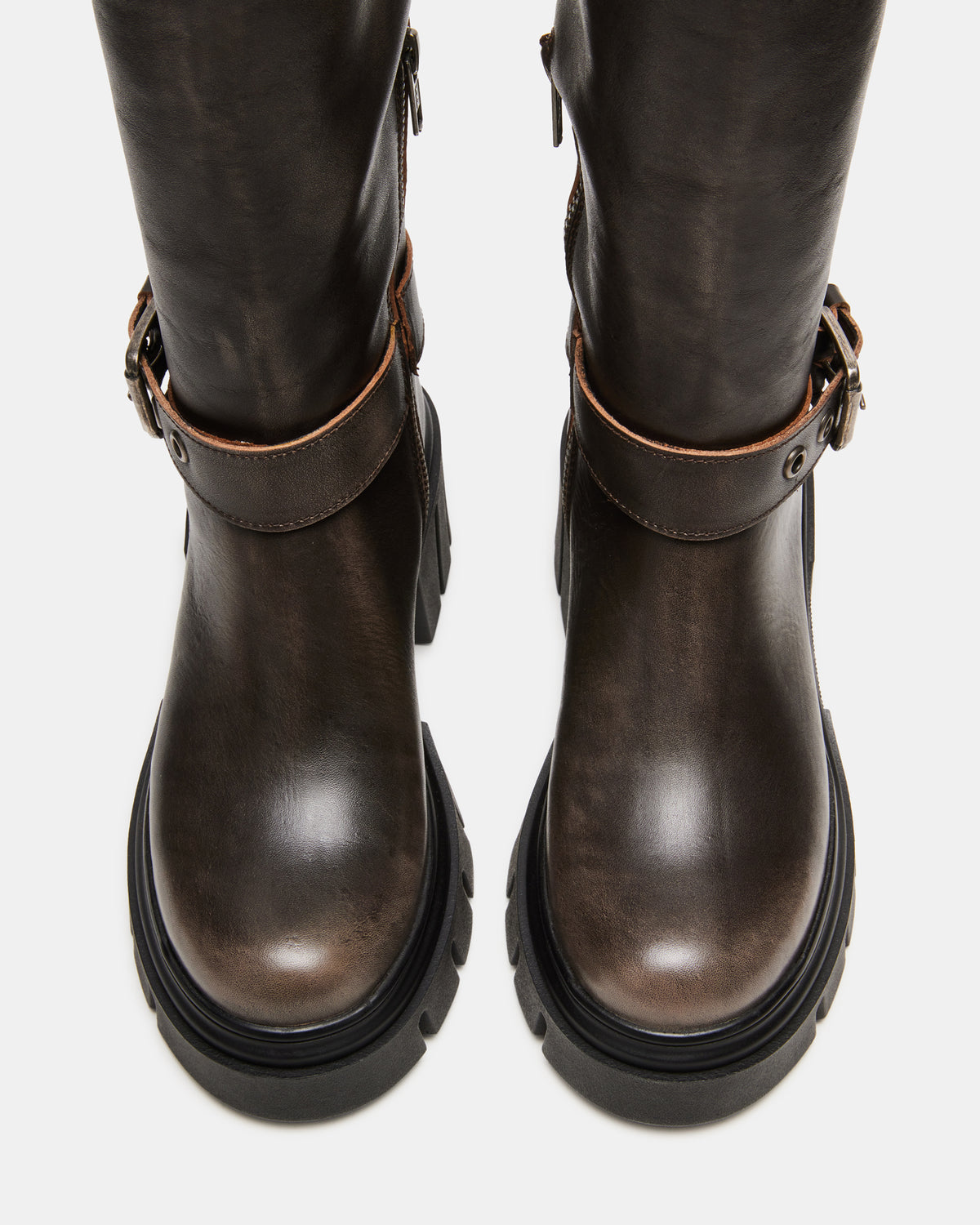 BRIGADE Brown Distressed Women's Knee-High Moto Lug Boot | Steve Madden Popular