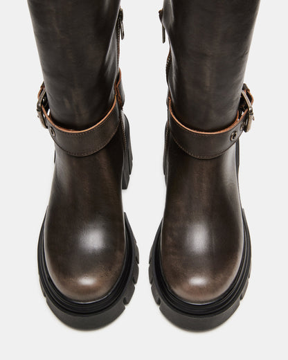 BRIGADE Brown Distressed Women's Knee-High Moto Lug Boot | Steve Madden Popular