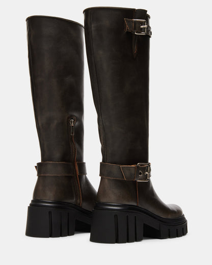 BRIGADE Brown Distressed Women's Knee-High Moto Lug Boot | Steve Madden Popular