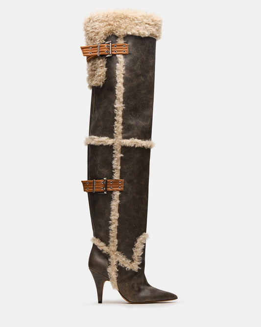 BADDIE Faux Fur Brown Distressed Over-The-Knee Moto Women's Boot | Steve Madden Premium