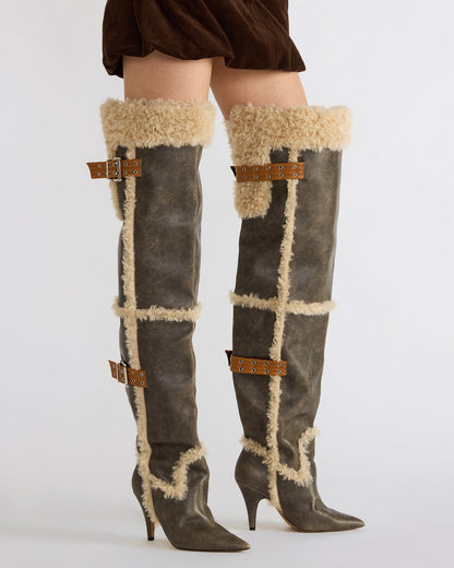 BADDIE Faux Fur Brown Distressed Over-The-Knee Moto Women's Boot | Steve Madden Premium