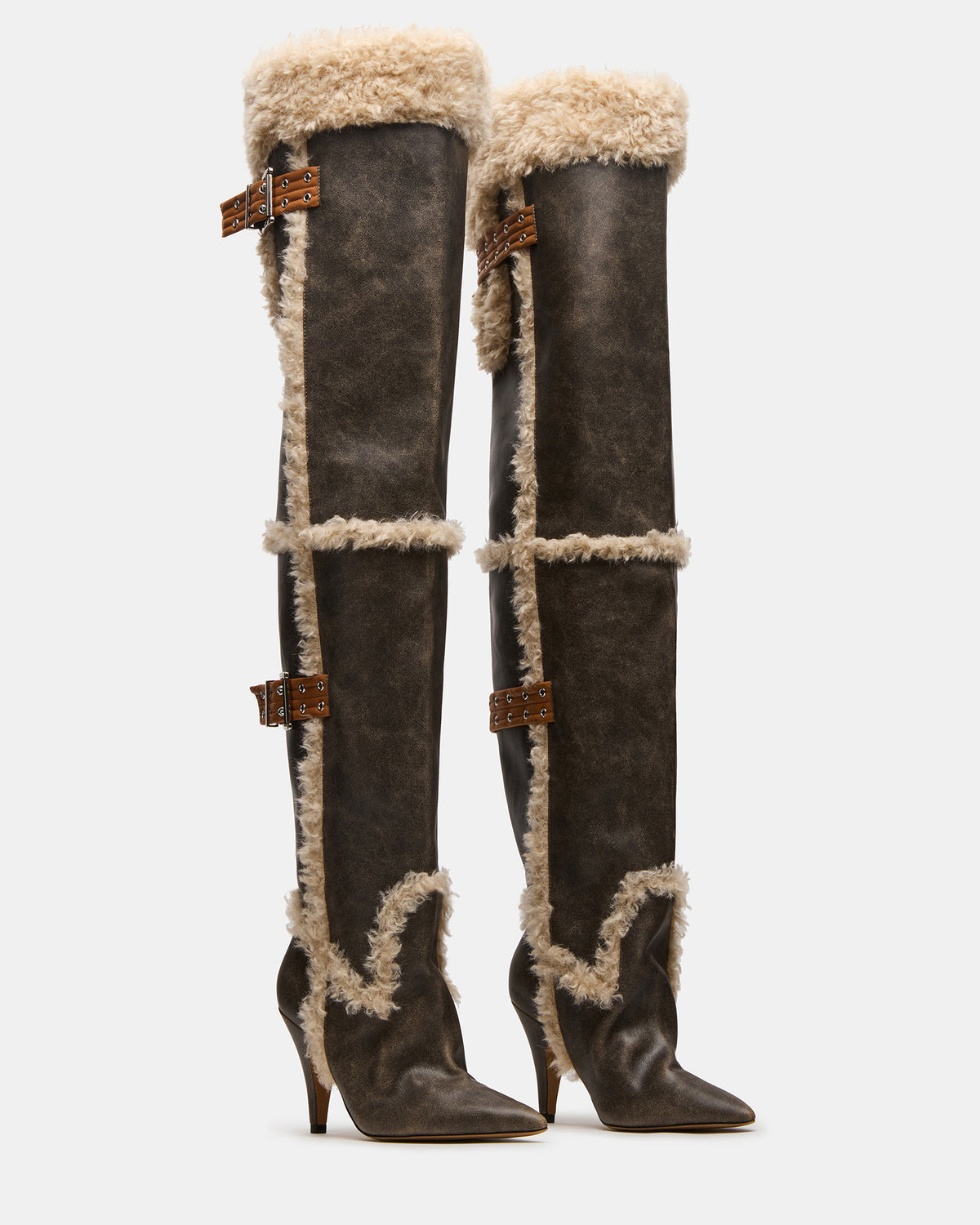 BADDIE Faux Fur Brown Distressed Over-The-Knee Moto Women's Boot | Steve Madden Premium