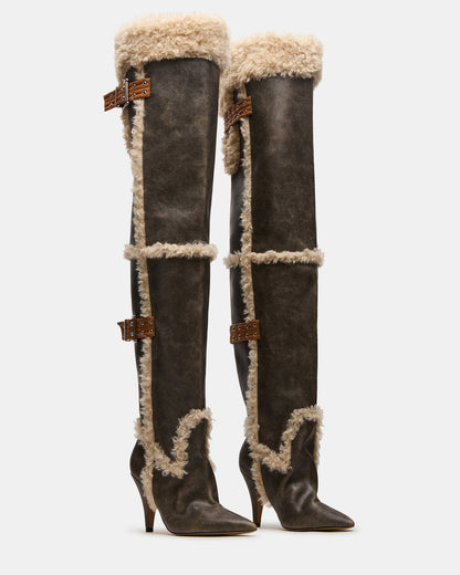 BADDIE Faux Fur Brown Distressed Over-The-Knee Moto Women's Boot | Steve Madden Premium