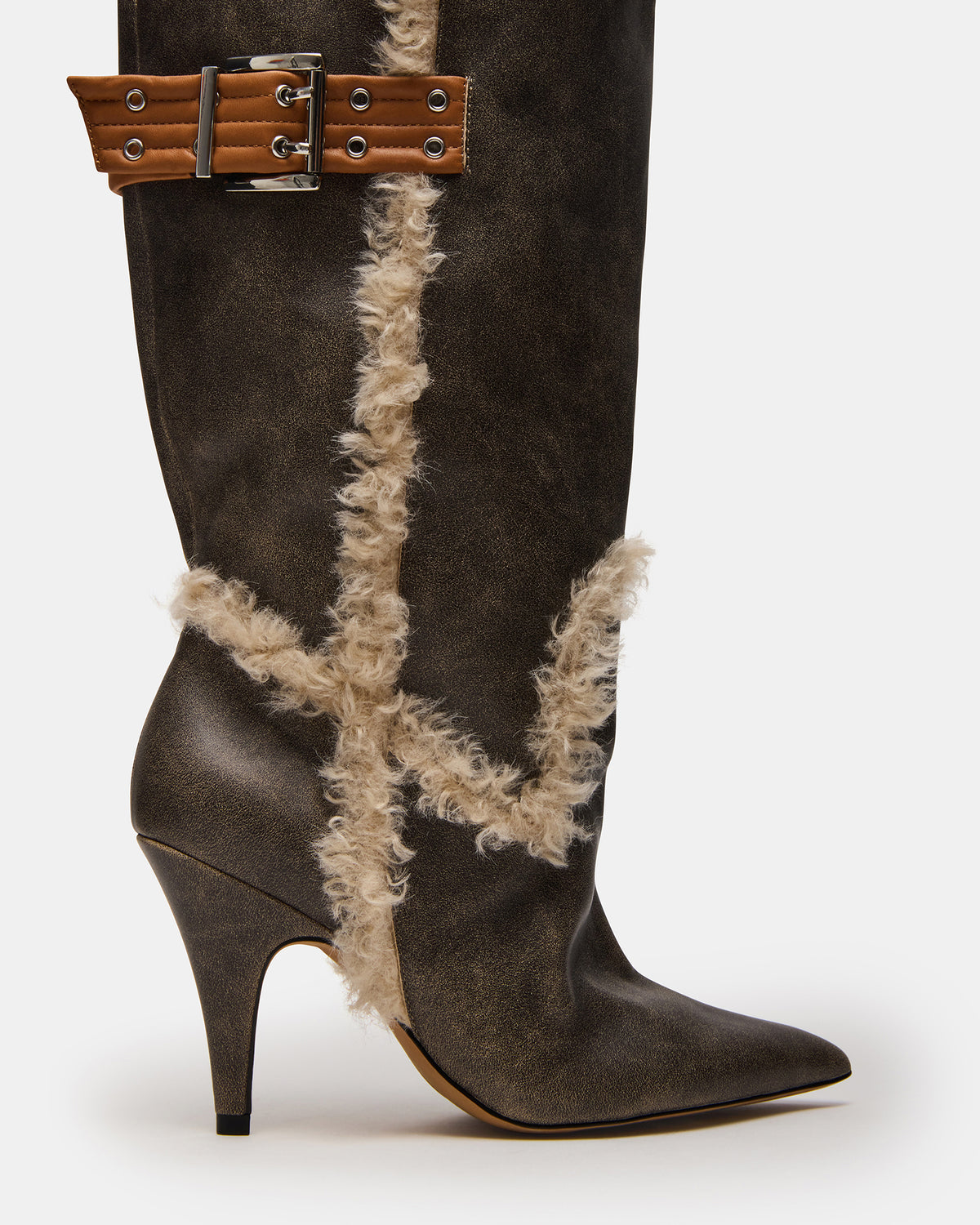 BADDIE Faux Fur Brown Distressed Over-The-Knee Moto Women's Boot | Steve Madden Premium