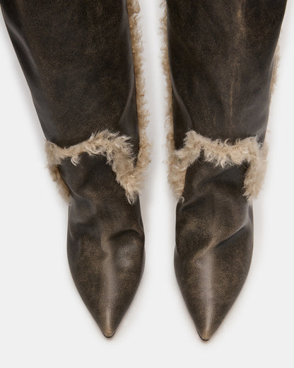 BADDIE Faux Fur Brown Distressed Over-The-Knee Moto Women's Boot | Steve Madden Premium