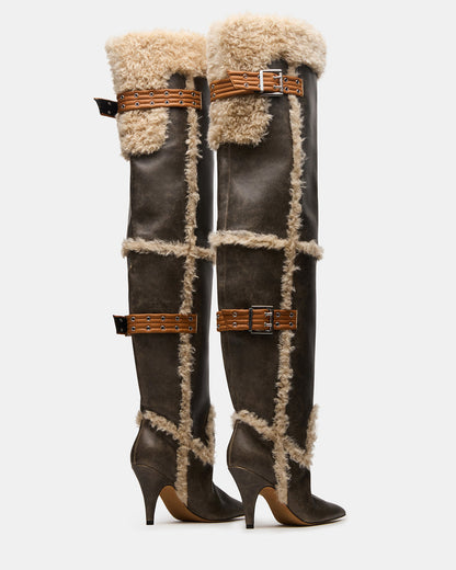 BADDIE Faux Fur Brown Distressed Over-The-Knee Moto Women's Boot | Steve Madden Premium
