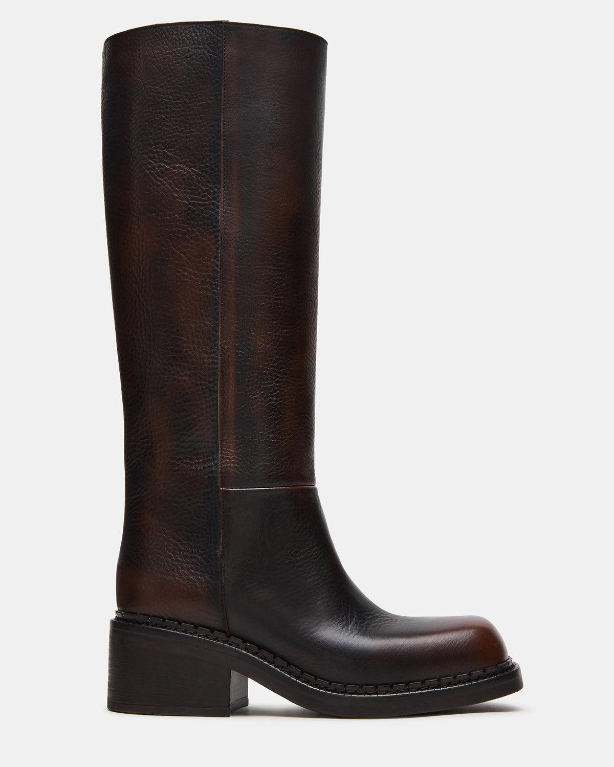 DAVOS Cognac Leather Square-Toe Knee High Block Heel Women's Boot | Steve Madden Deals