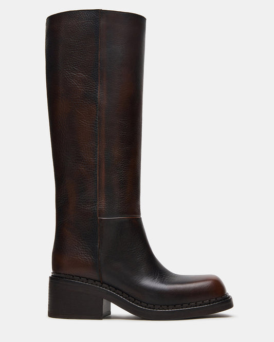 DAVOS Cognac Leather Square-Toe Knee High Block Heel Women's Boot | Steve Madden Deals