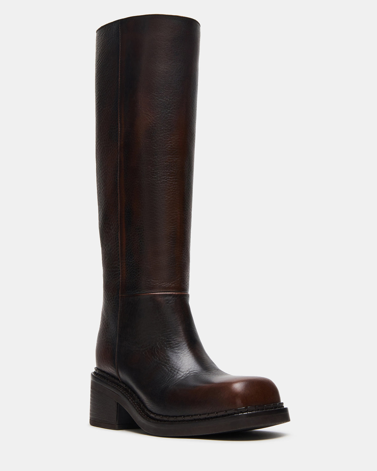 DAVOS Cognac Leather Square-Toe Knee High Block Heel Women's Boot | Steve Madden Deals