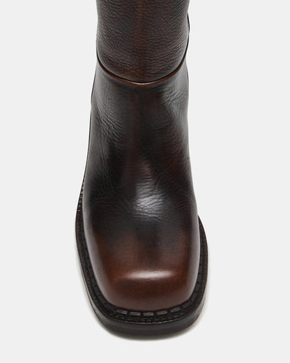 DAVOS Cognac Leather Square-Toe Knee High Block Heel Women's Boot | Steve Madden Deals