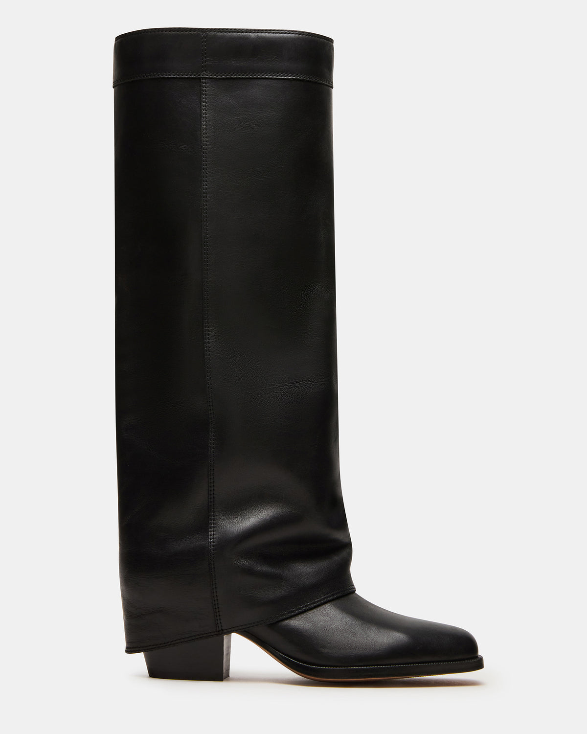 WINNICK Black Leather Knee-High Cuffed Fold-Over Block Heel Women's Boot | Steve Madden Signature