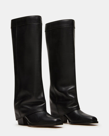 WINNICK Black Leather Knee-High Cuffed Fold-Over Block Heel Women's Boot | Steve Madden Signature