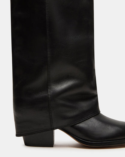 WINNICK Black Leather Knee-High Cuffed Fold-Over Block Heel Women's Boot | Steve Madden Signature