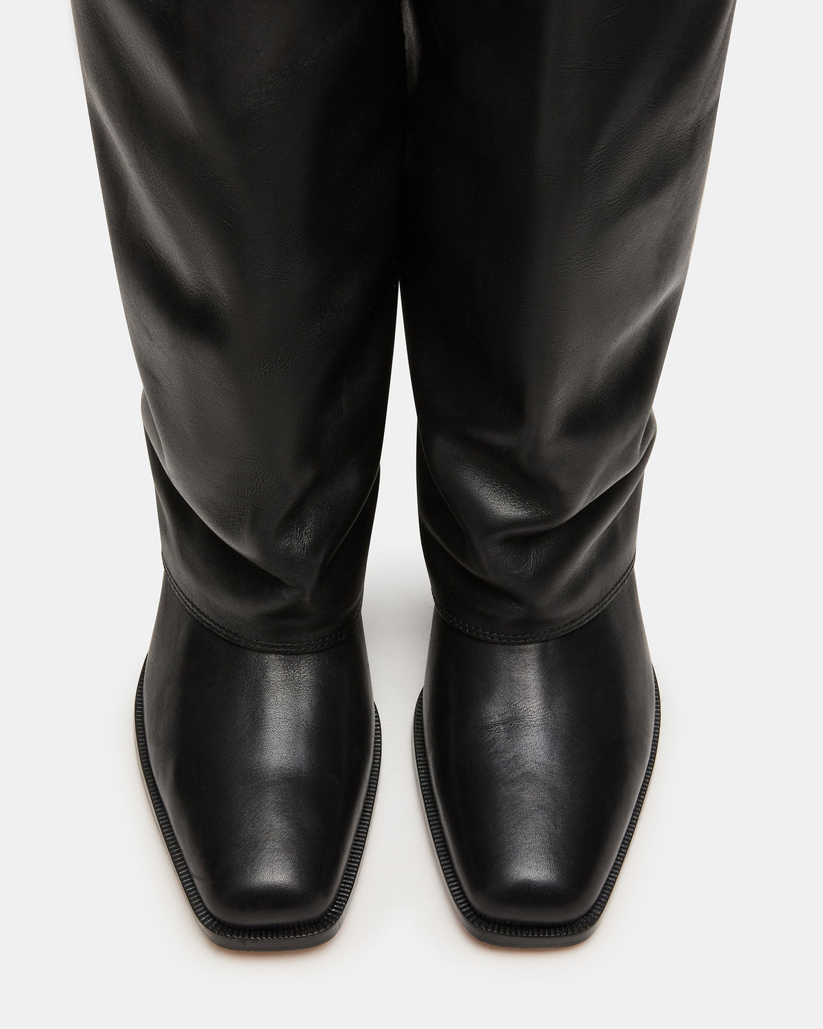 WINNICK Black Leather Knee-High Cuffed Fold-Over Block Heel Women's Boot | Steve Madden Signature