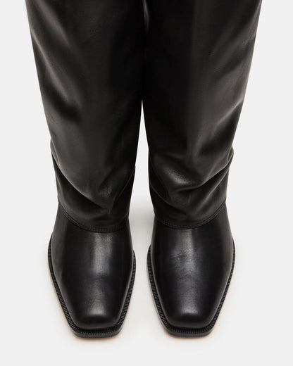WINNICK Black Leather Knee-High Cuffed Fold-Over Block Heel Women's Boot | Steve Madden Signature
