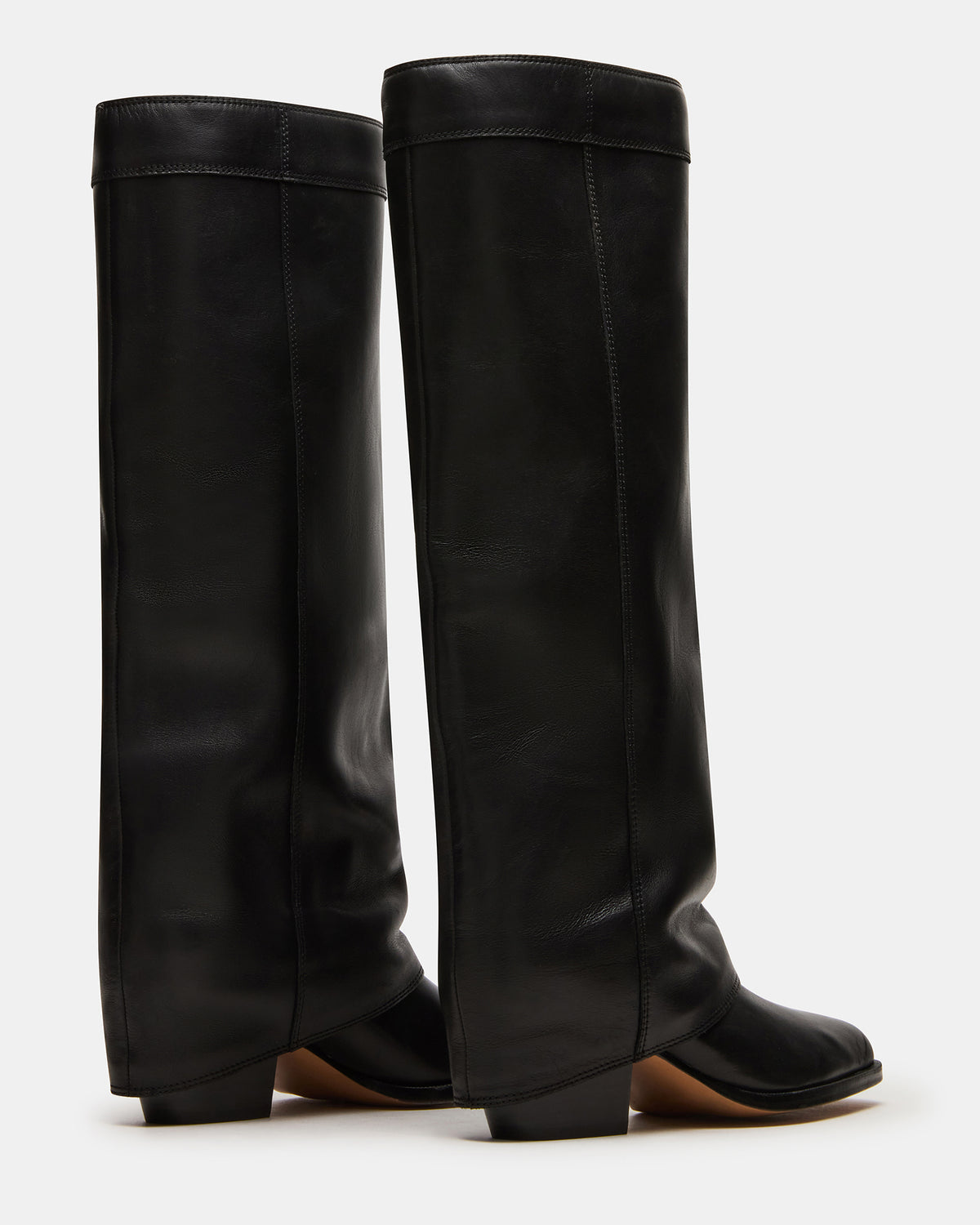 WINNICK Black Leather Knee-High Cuffed Fold-Over Block Heel Women's Boot | Steve Madden Signature