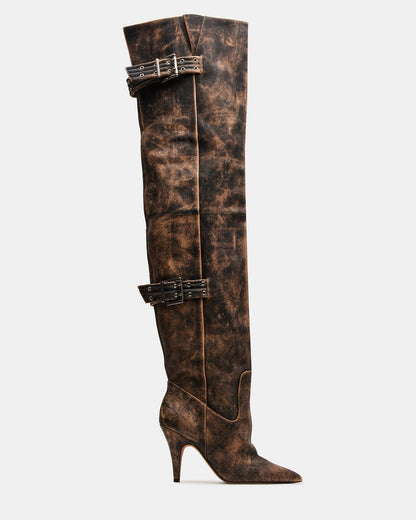 BADDIE Brown Distressed Over-The-Knee Moto Women's Boot | Steve Madden Popular