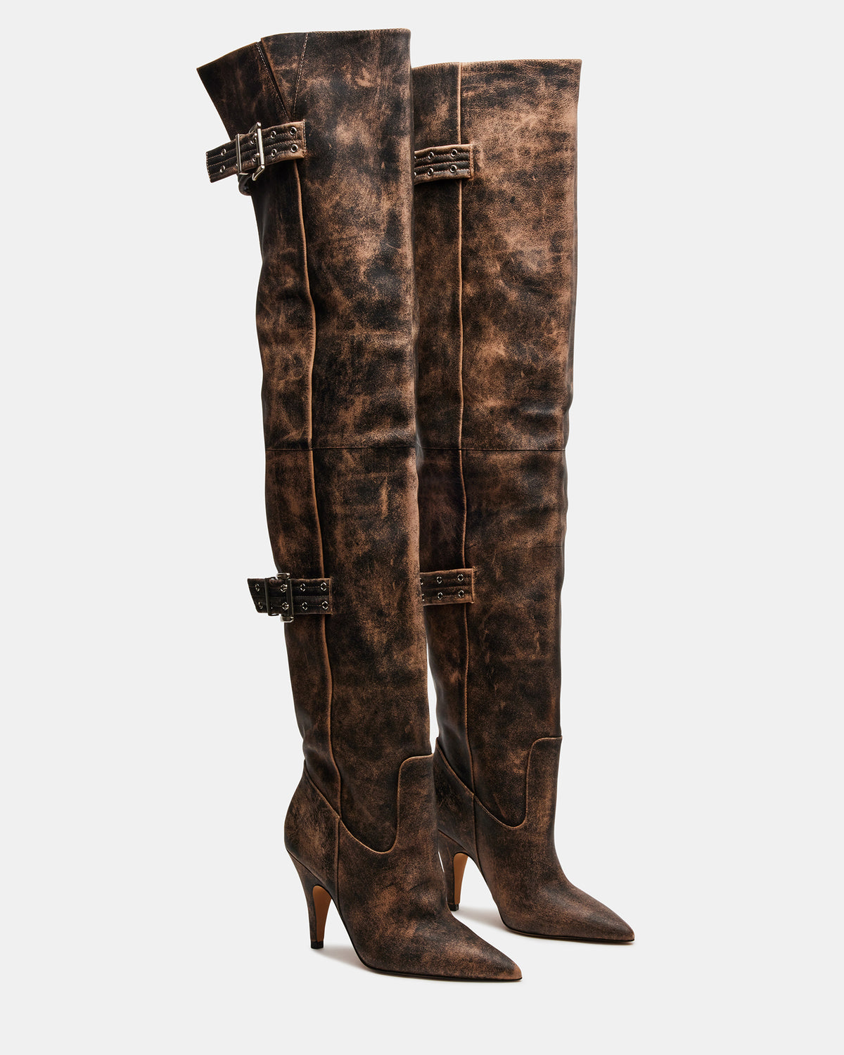 BADDIE Brown Distressed Over-The-Knee Moto Women's Boot | Steve Madden Popular