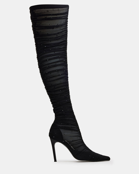 RASHIDA Black Mesh Over-The-Knee Pointed-Toe Rhinestone Stiletto Heel Women's Boot | Steve Madden Great Value