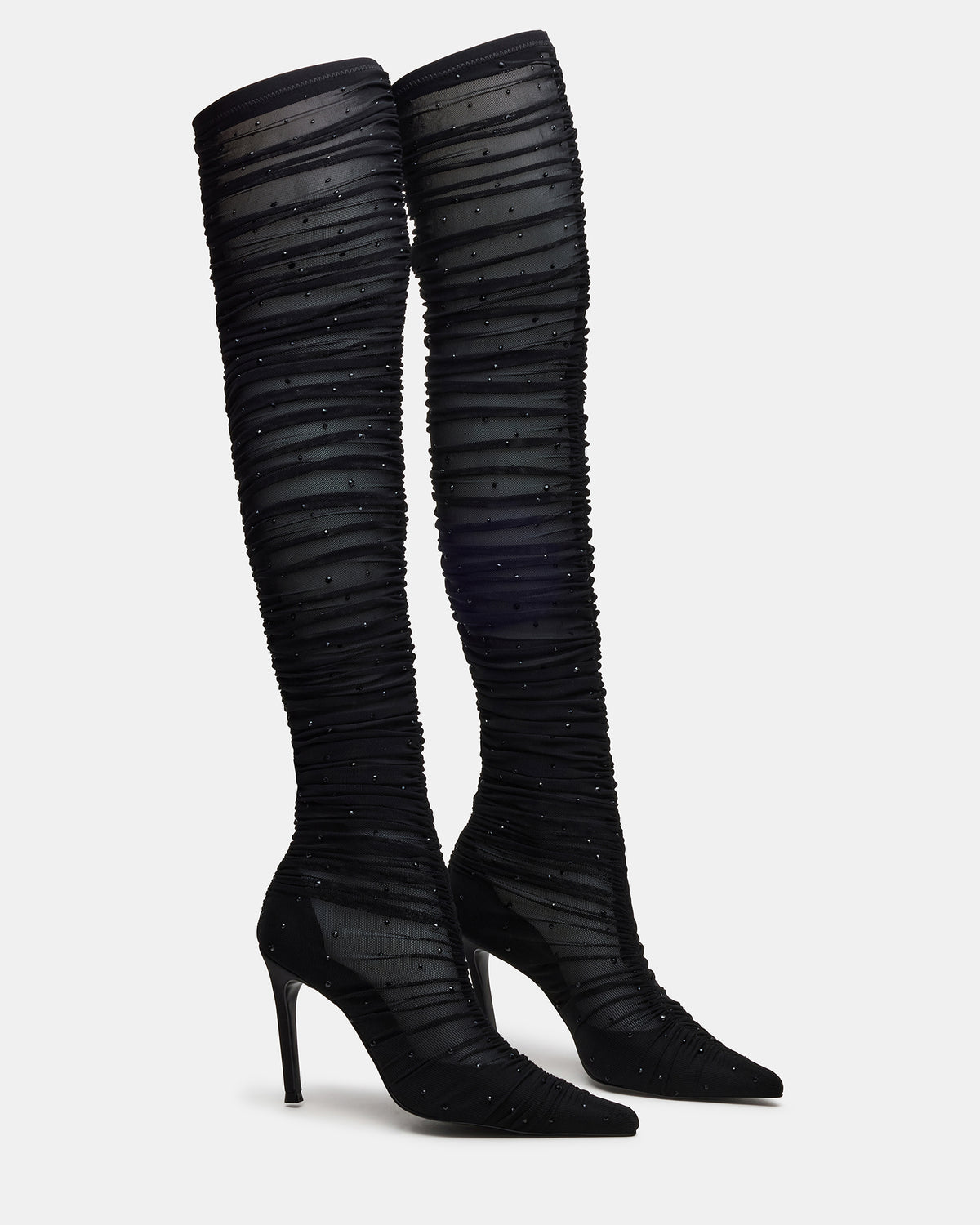 RASHIDA Black Mesh Over-The-Knee Pointed-Toe Rhinestone Stiletto Heel Women's Boot | Steve Madden Great Value
