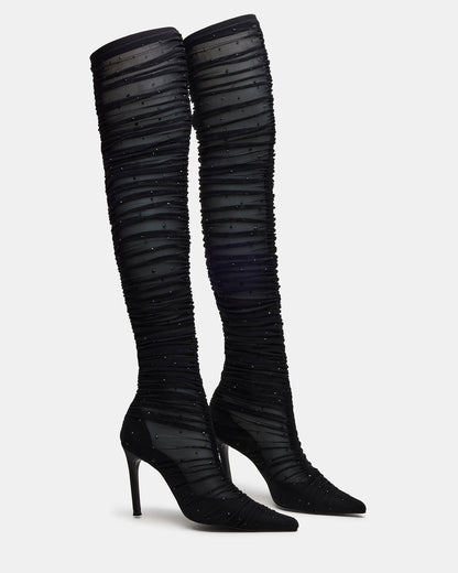 RASHIDA Black Mesh Over-The-Knee Pointed-Toe Rhinestone Stiletto Heel Women's Boot | Steve Madden Great Value