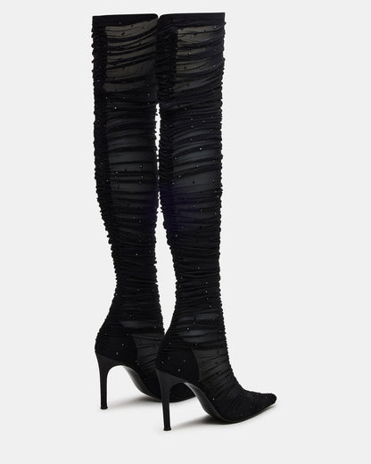 RASHIDA Black Mesh Over-The-Knee Pointed-Toe Rhinestone Stiletto Heel Women's Boot | Steve Madden Great Value
