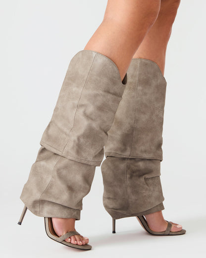 RAVINE Grey Distressed Women's Knee-High Cuffed Stiletto Heel Boot | Steve Madden Top Pick